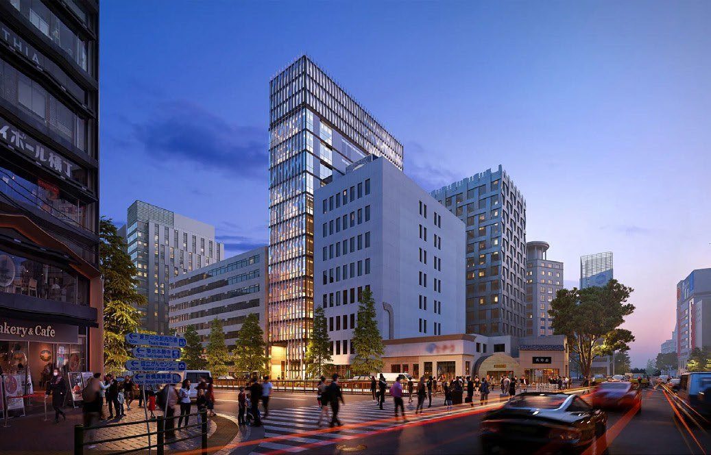 Cura, Higashi Ginza: the thirteen-storey tower at dusk in Tokyo