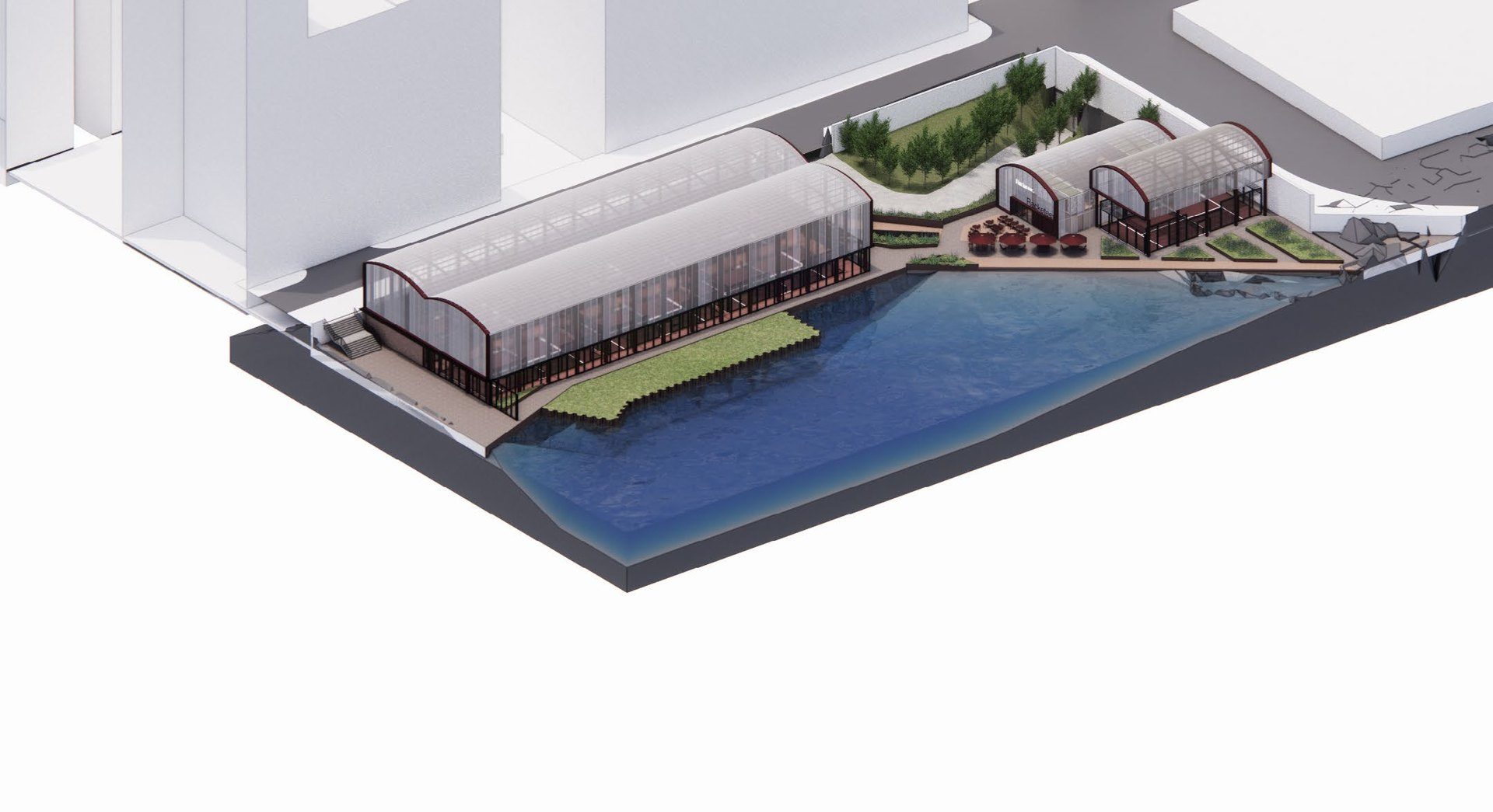 Axonometric of the three pavilions and clubhouse on the quay of Blackwall Basin