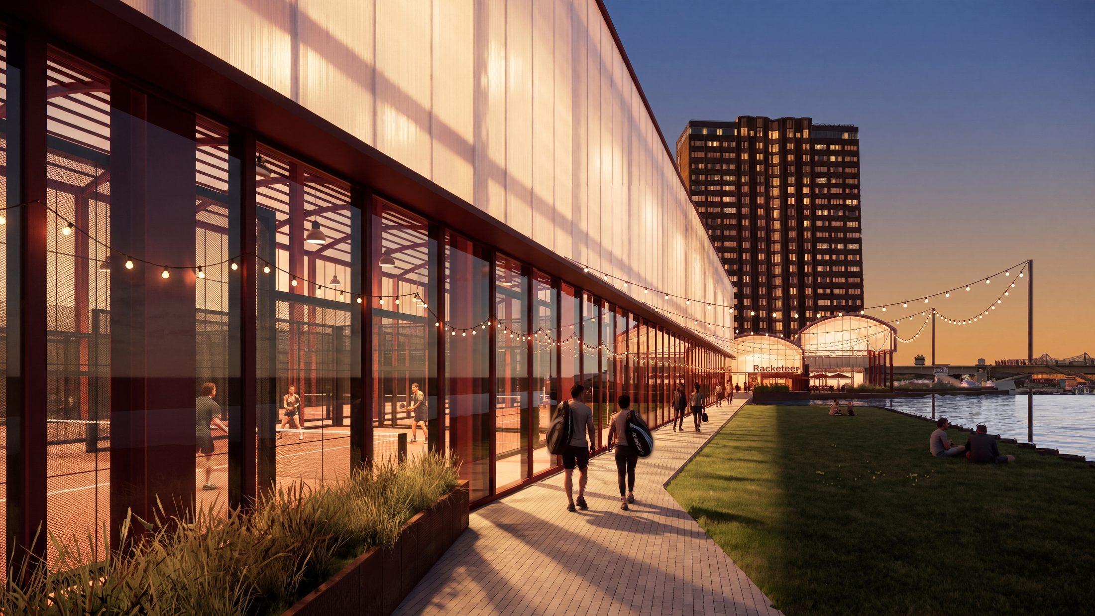 The hall flank at golden hour: padel courts glimpsed through the translucent facade along the quay