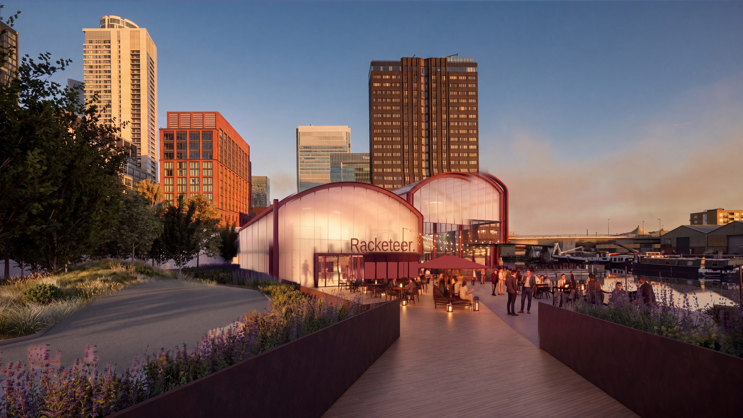 Racketeer, Wood Wharf: the waterfront terrace at golden hour, with the three translucent pavilions against the Canary Wharf skyline